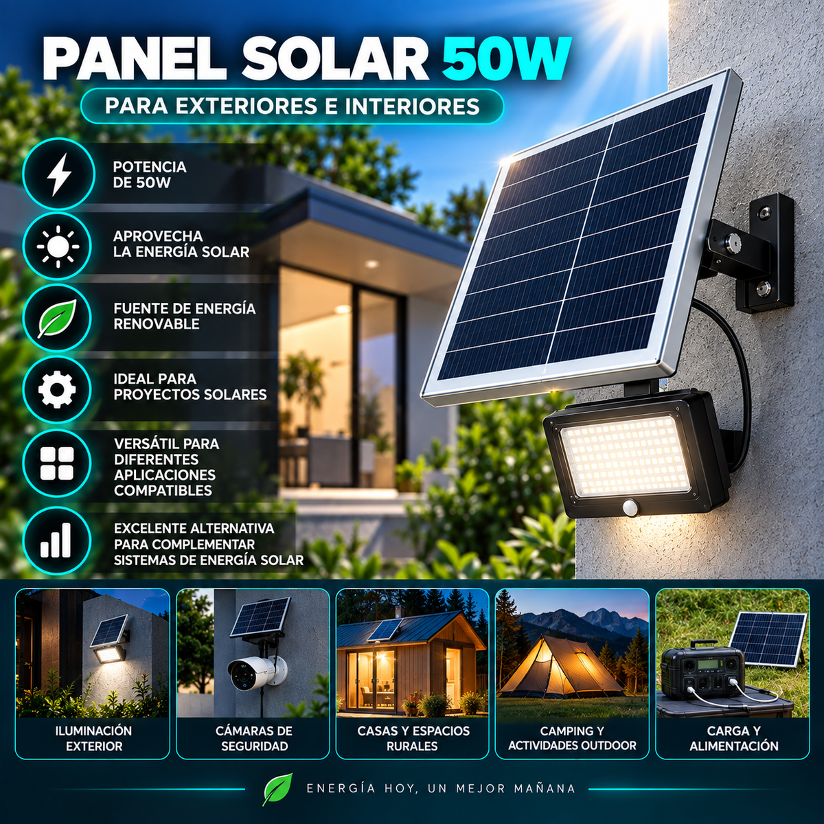 Panel Solar 50W para Exteriores e Interiores