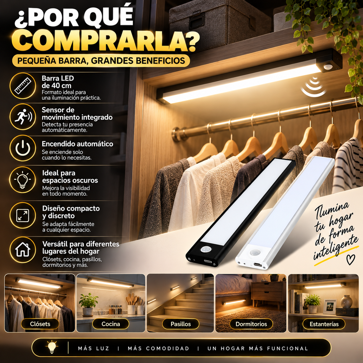 Luz LED Barra con Sensor de Movimiento 40 cm