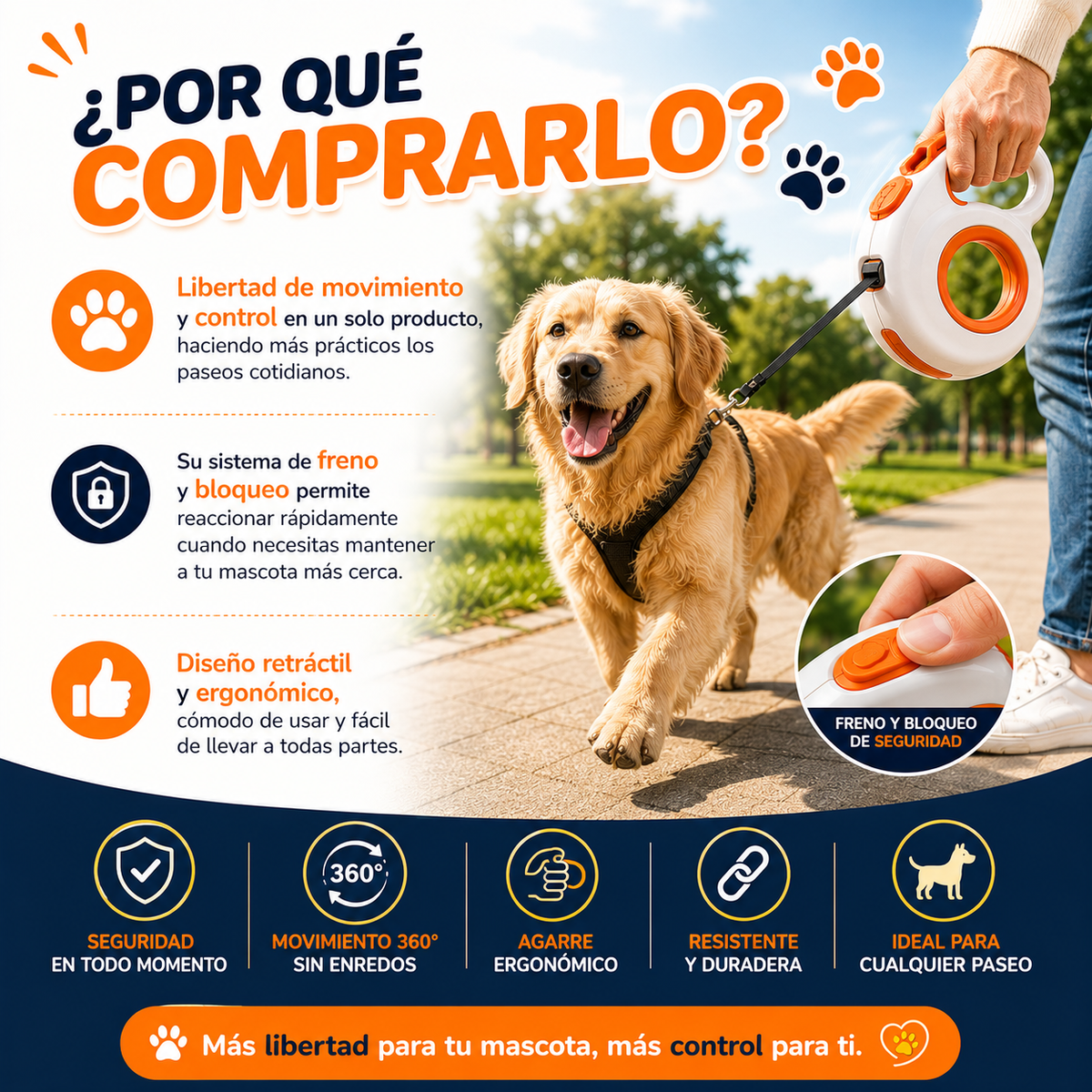 🐕 Correa Retráctil Mascotas Con Freno