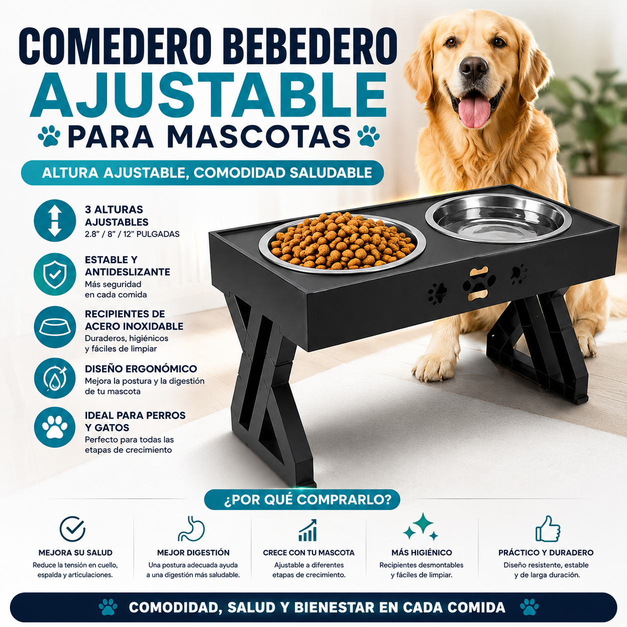 Comedero Bebedero Ajustable Para Mascota
