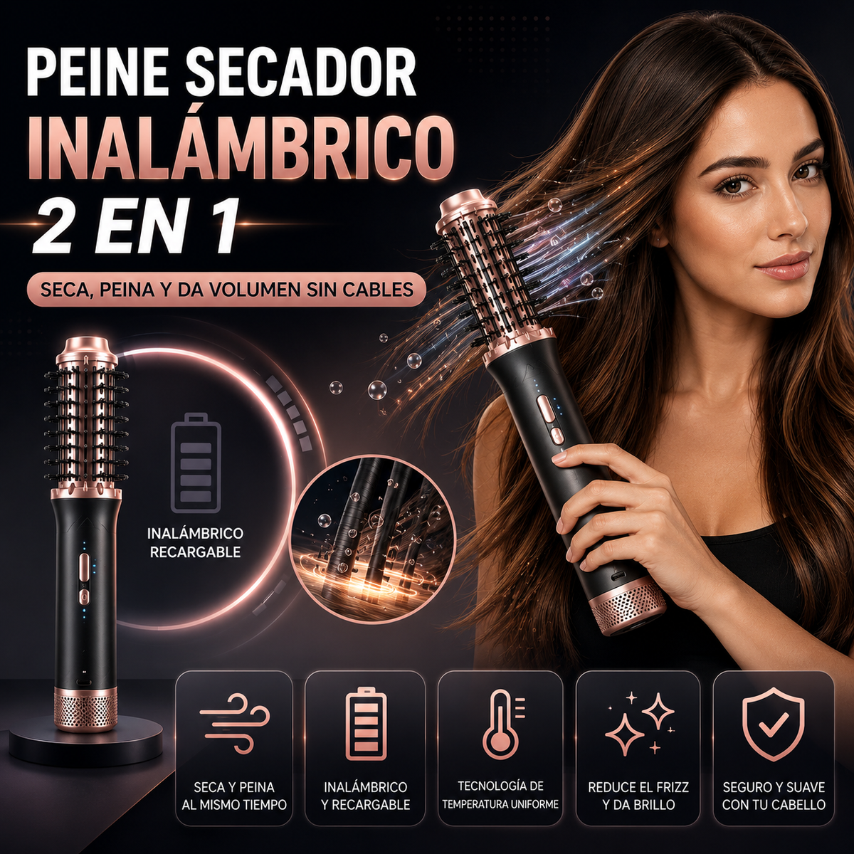 Peine Secador Inalámbrico 2 en 1