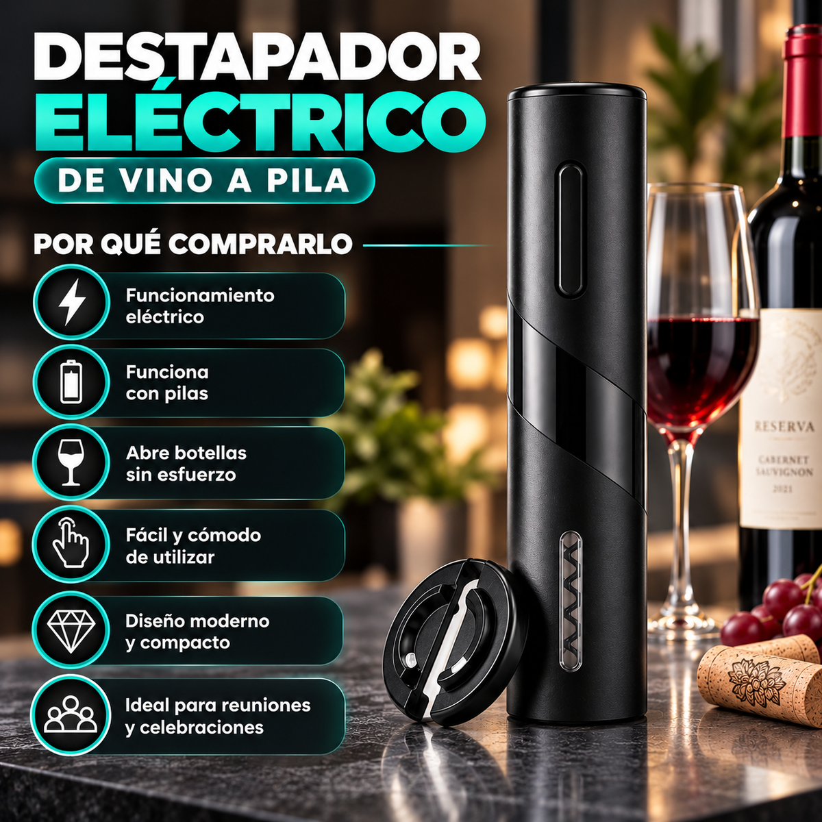 Destapador Eléctrico de Vino a Pila
