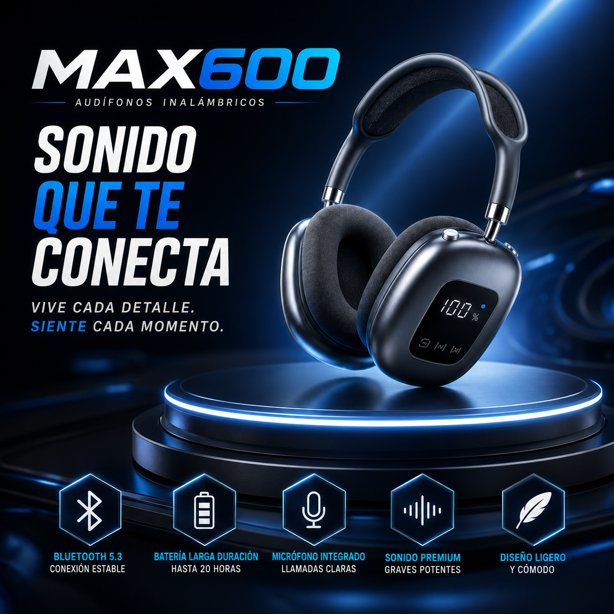 Akz Max600 Auriculares Inalámbricos Over-Ear con Pantalla Digital