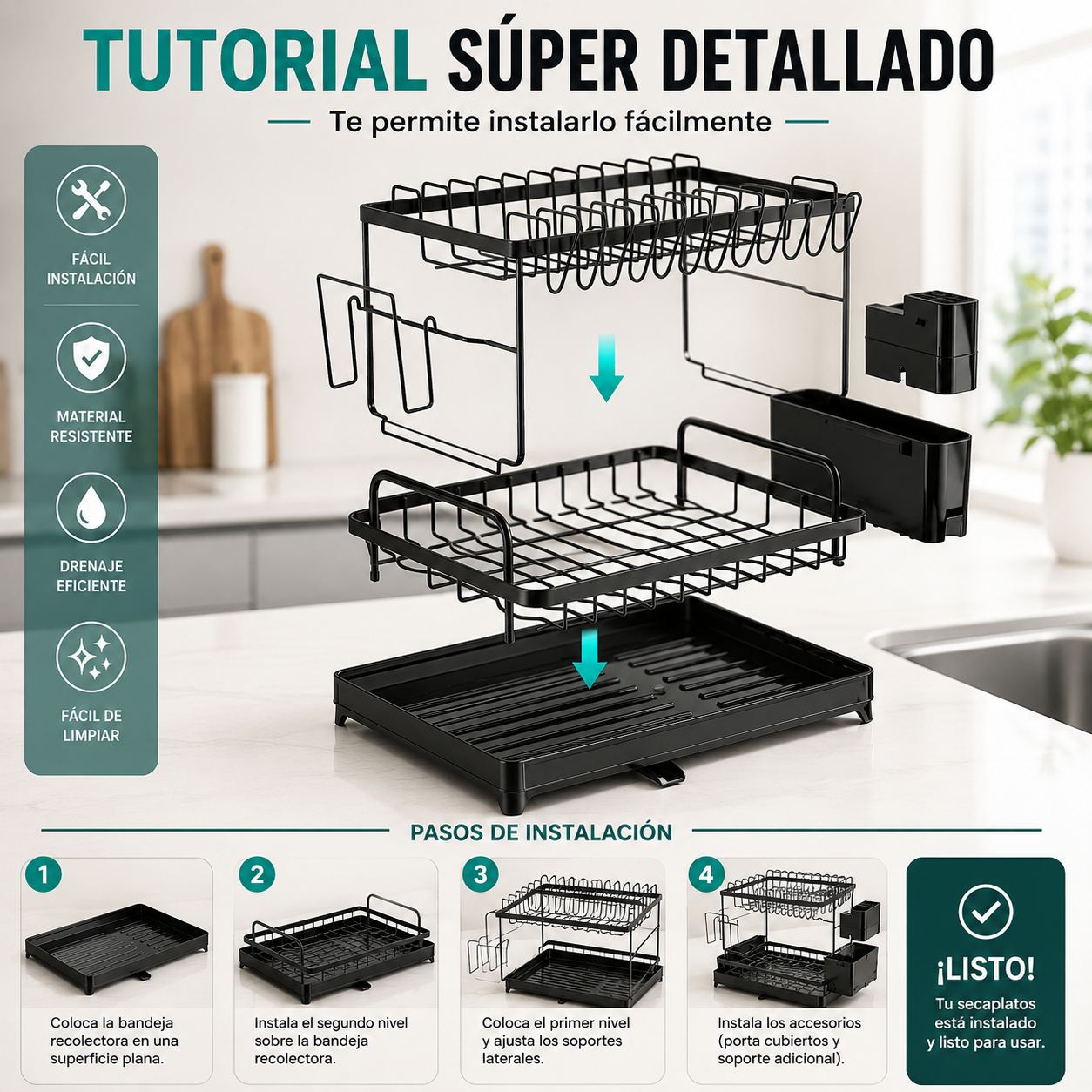 Secaplatos de Acero Inoxidable de 2 Niveles con Sistema de Drenaje Automático