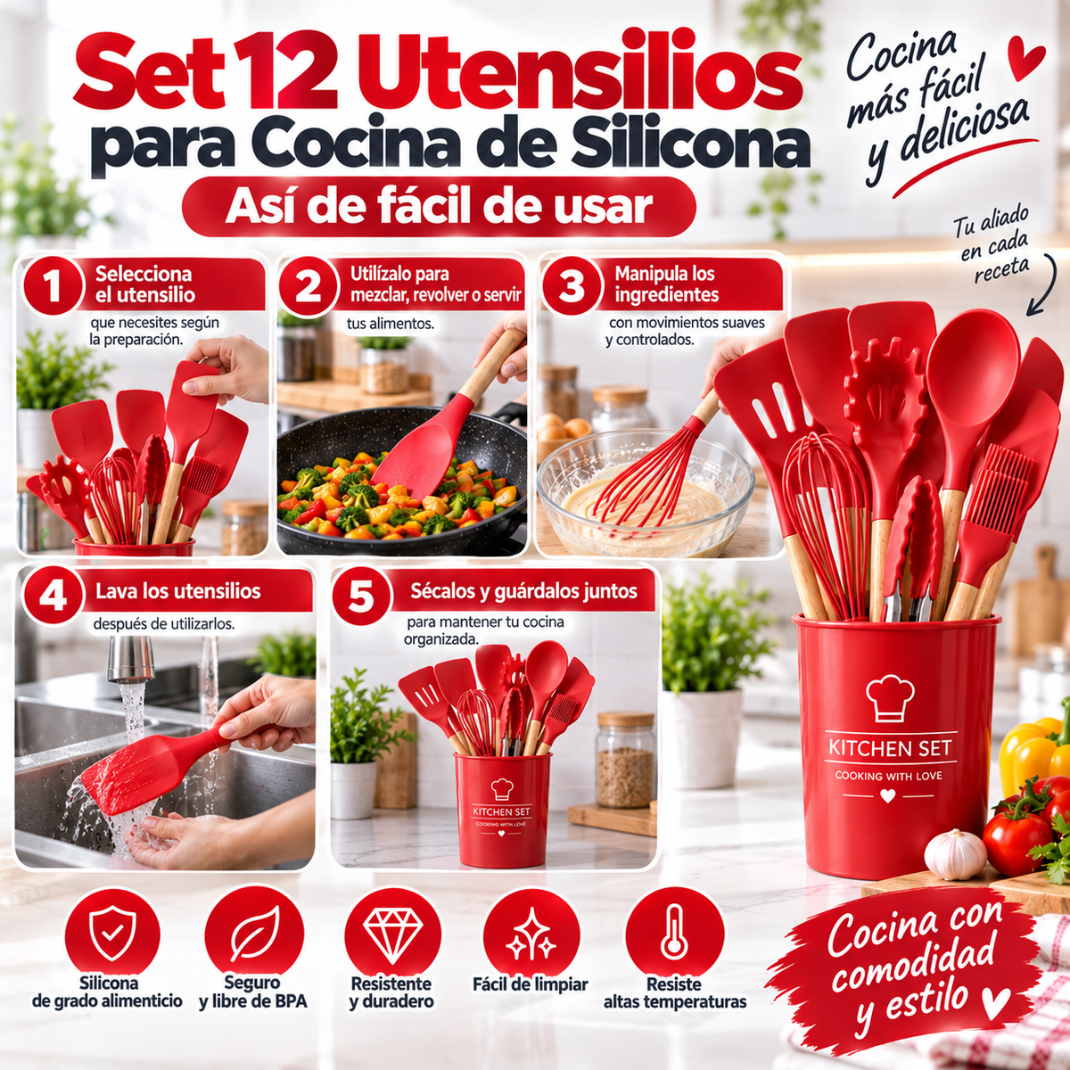 Set 12 Utensilios para Cocina de Silicona