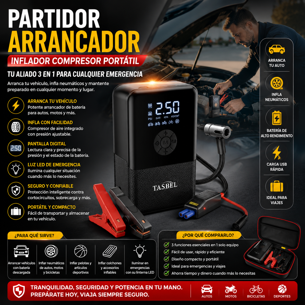 Partidor Arrancador e Inflador Compresor Portátil