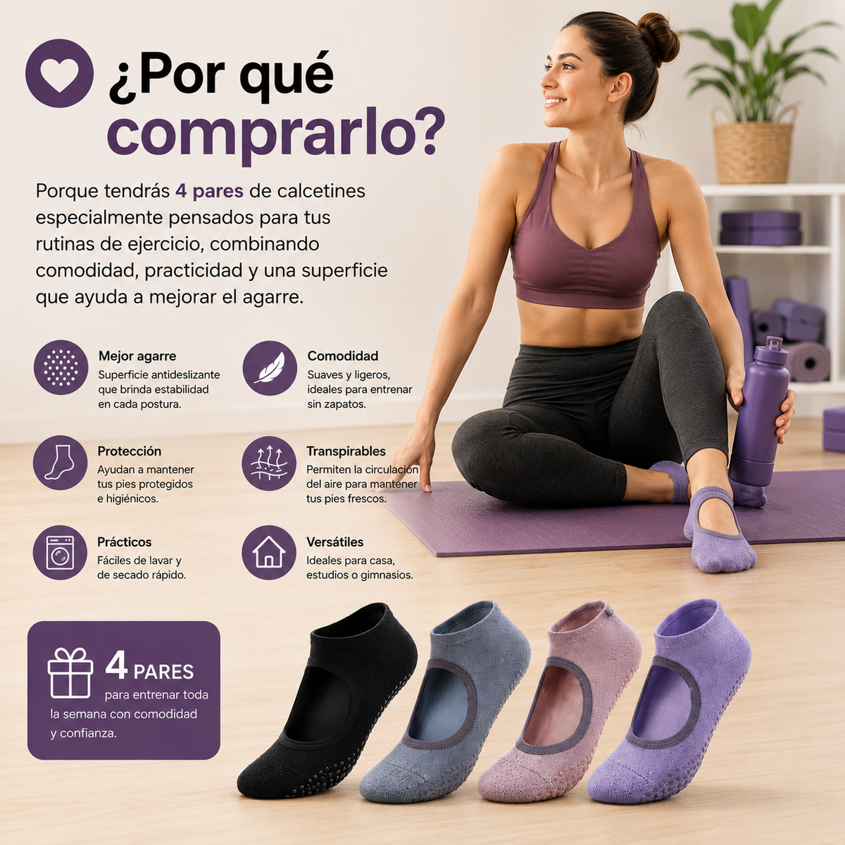 Pack de 4 Calcetines de Yoga Halter Antideslizantes