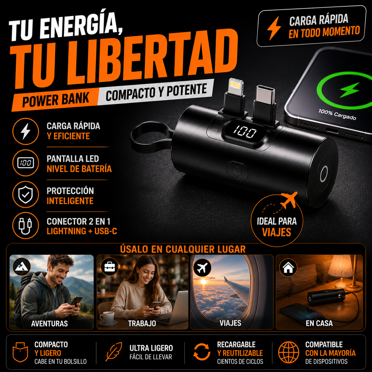 Cargador Portátil para celular tipo llavero+ ENVÍO GRATIS 🚚