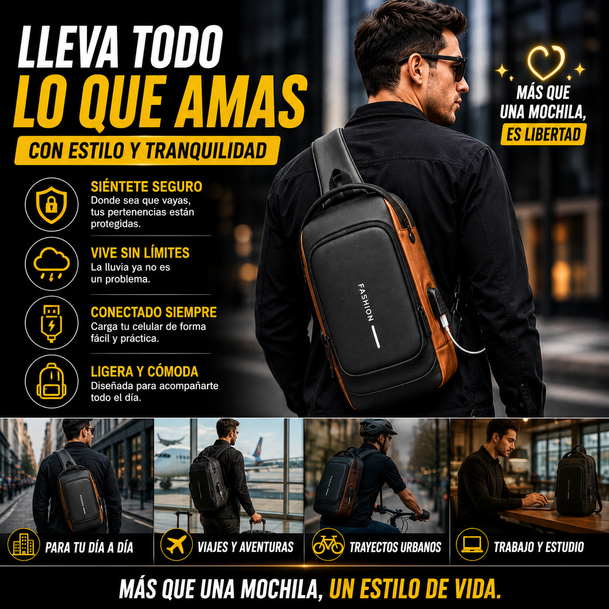BOLSO ANTIRROBO CON CARGA USB+BLOQUEO