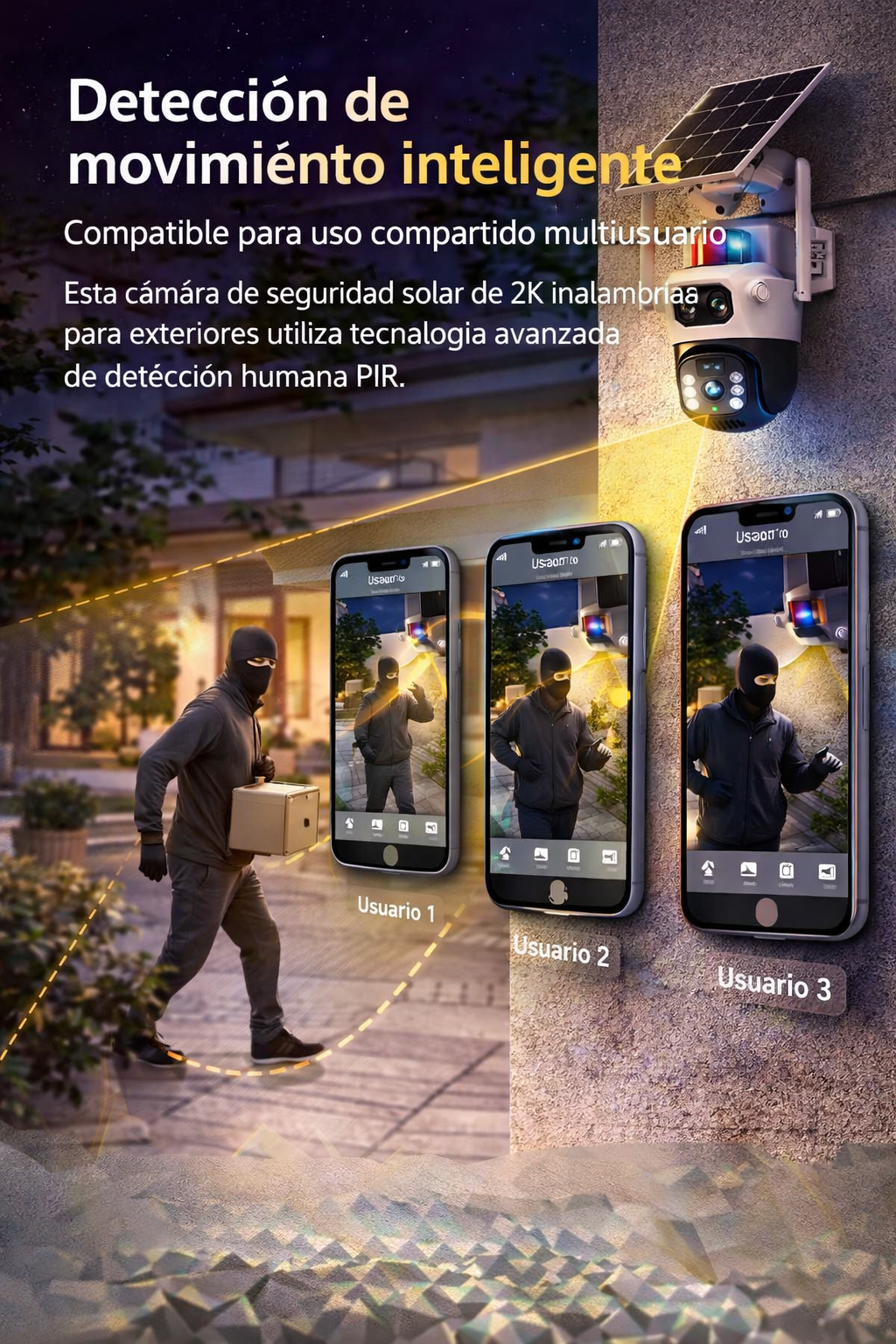 Cámara Solar 2K Doble lente 360-Conexión 24/7 sin electricidad