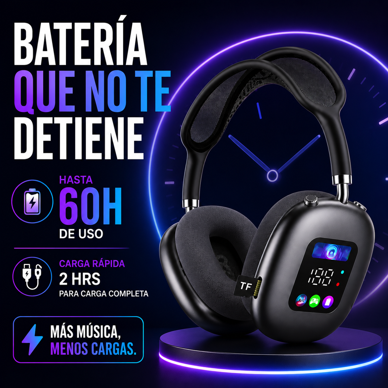 Akz Max600 Auriculares Inalámbricos Over-Ear con Pantalla Digital