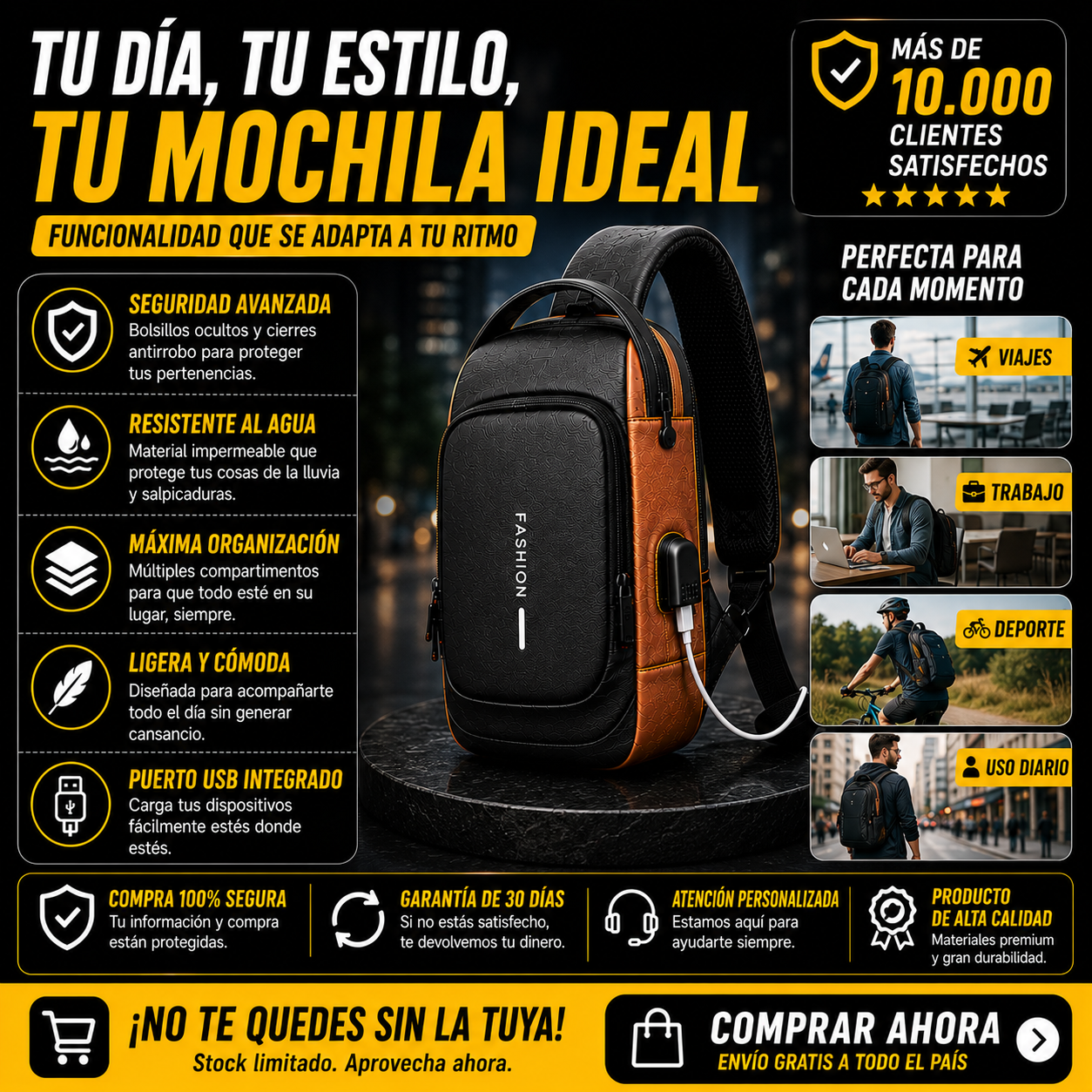 BOLSO ANTIRROBO CON CARGA USB+BLOQUEO