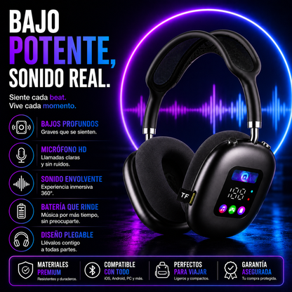 Akz Max600 Auriculares Inalámbricos Over-Ear con Pantalla Digital