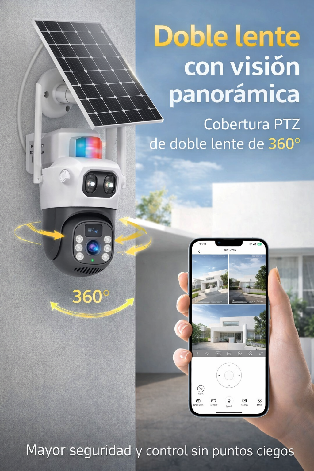 Cámara Solar 2K Doble lente 360-Conexión 24/7 sin electricidad