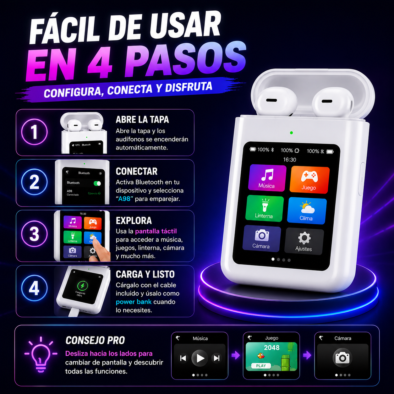AUDIFONOS A98 POWER BANK PANTALLA TÁCTIL