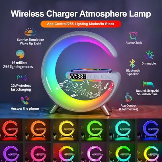 Lámpara de ambiente colorida de escritorio con cargador inalámbrico rápido, Altavoz Bluetooth