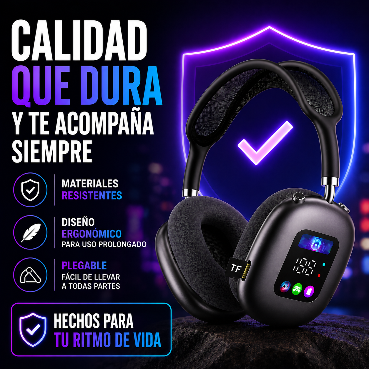 Akz Max600 Auriculares Inalámbricos Over-Ear con Pantalla Digital
