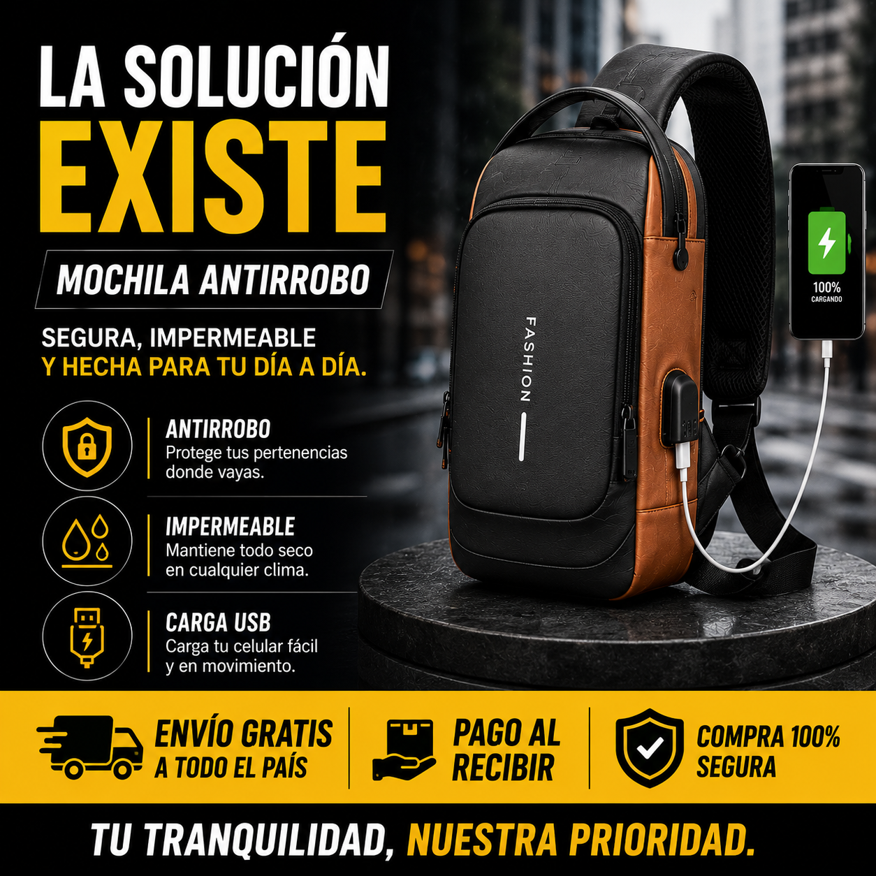 BOLSO ANTIRROBO CON CARGA USB+BLOQUEO