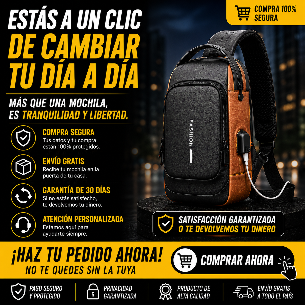 BOLSO ANTIRROBO CON CARGA USB+BLOQUEO