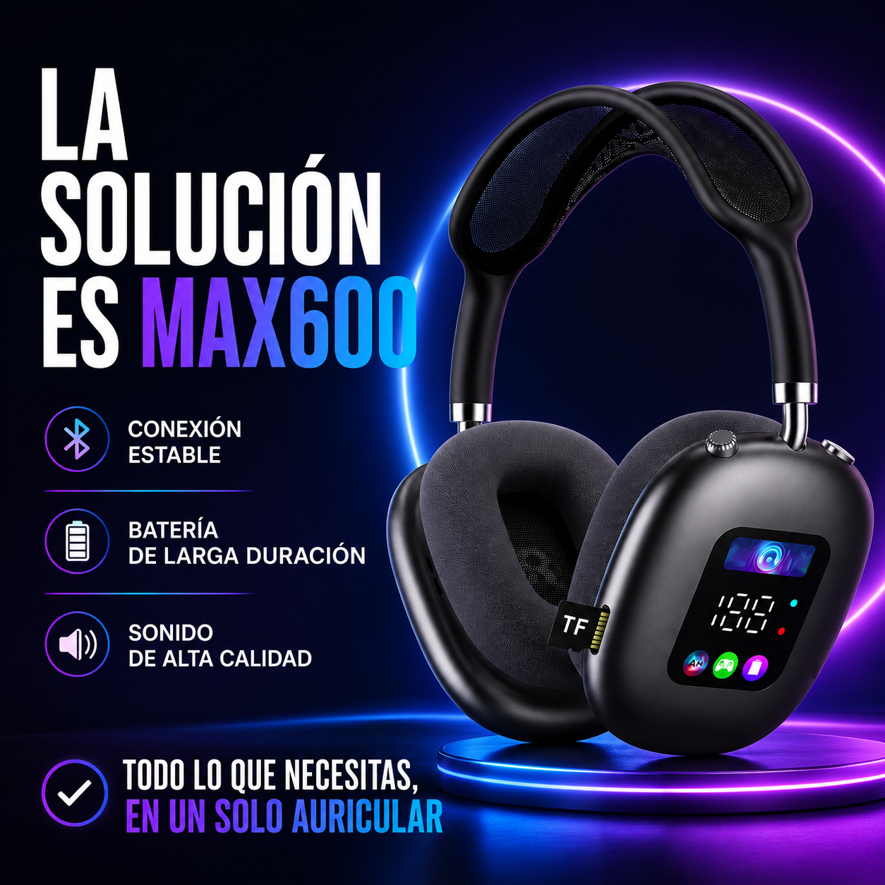 Akz Max600 Auriculares Inalámbricos Over-Ear con Pantalla Digital
