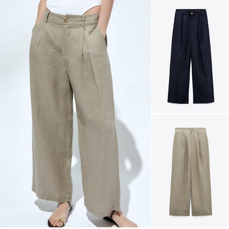 Zara Estilo Pantalones Casuales De Lino De Cintura Alta