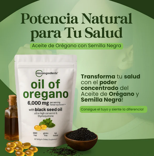 Aceite de orégano con aceite de semilla negra, 60 cápsulas