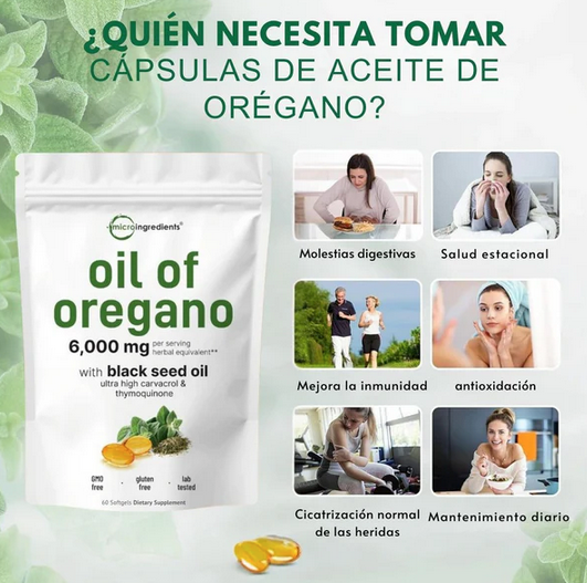 Aceite de orégano con aceite de semilla negra, 60 cápsulas
