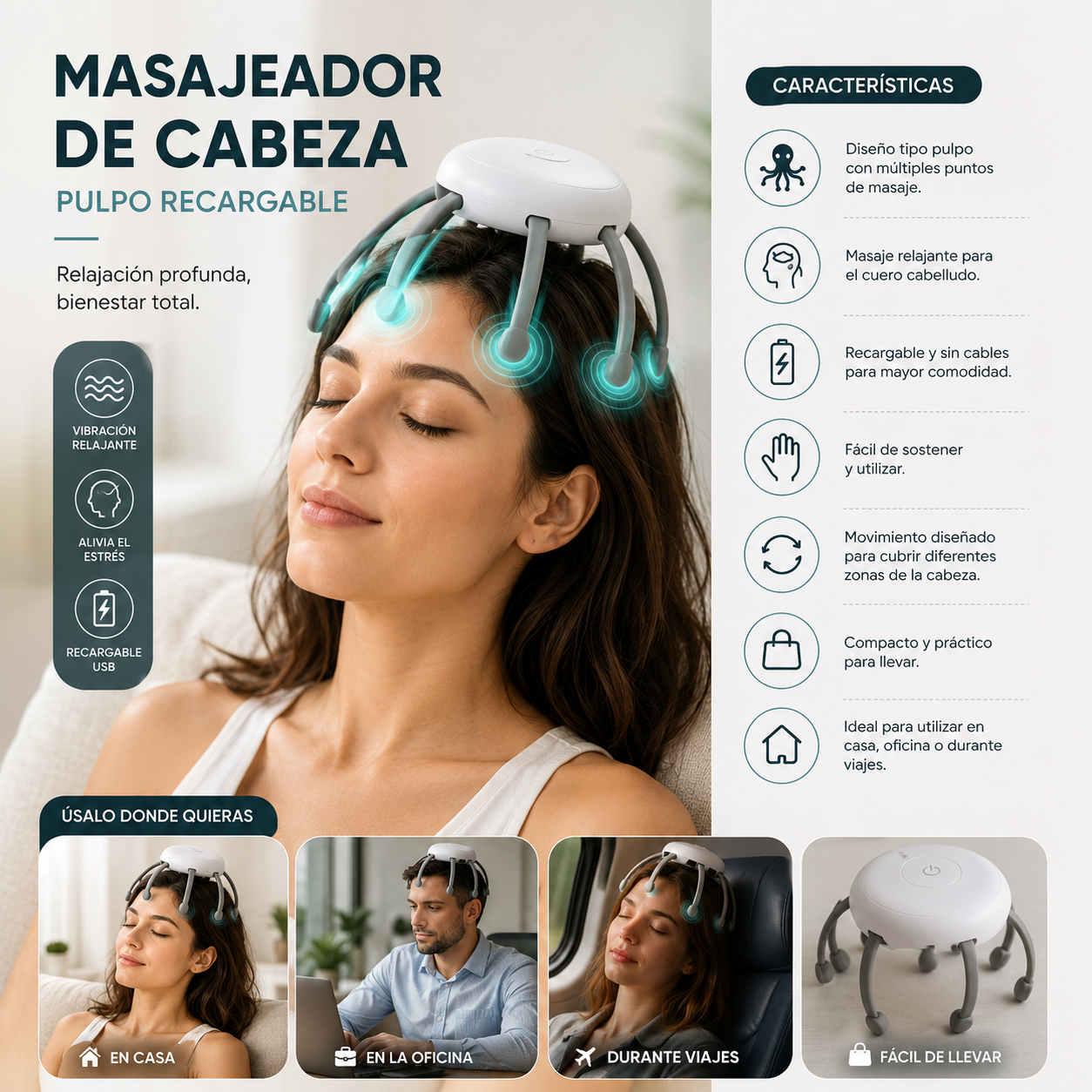🐙 Masajeador de Cabeza Pulpo Recargable