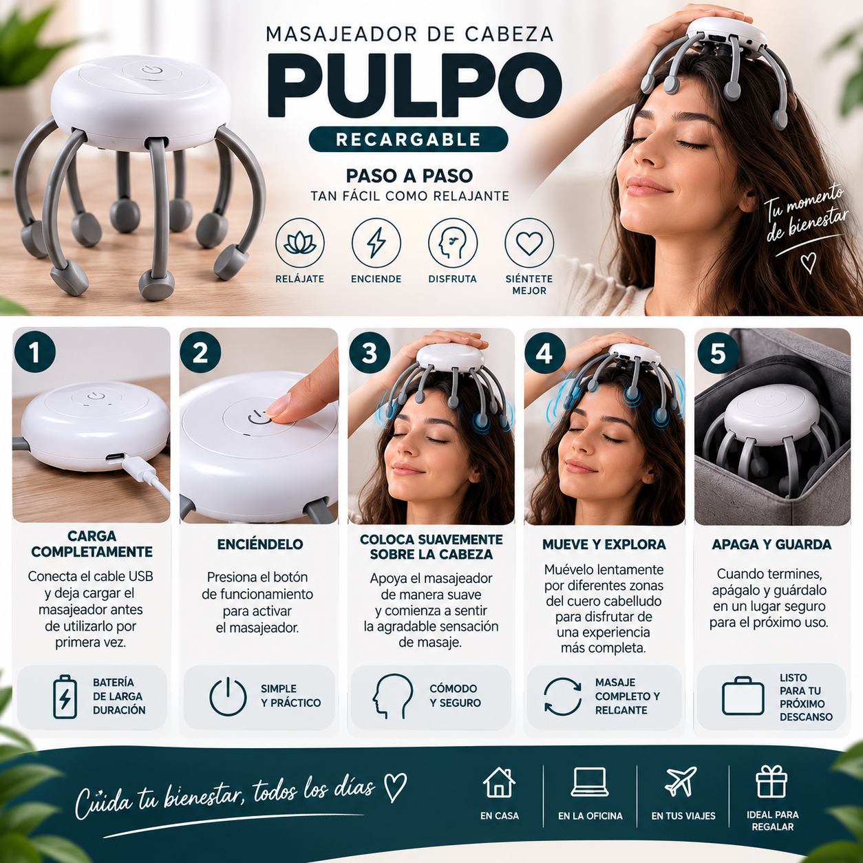 🐙 Masajeador de Cabeza Pulpo Recargable