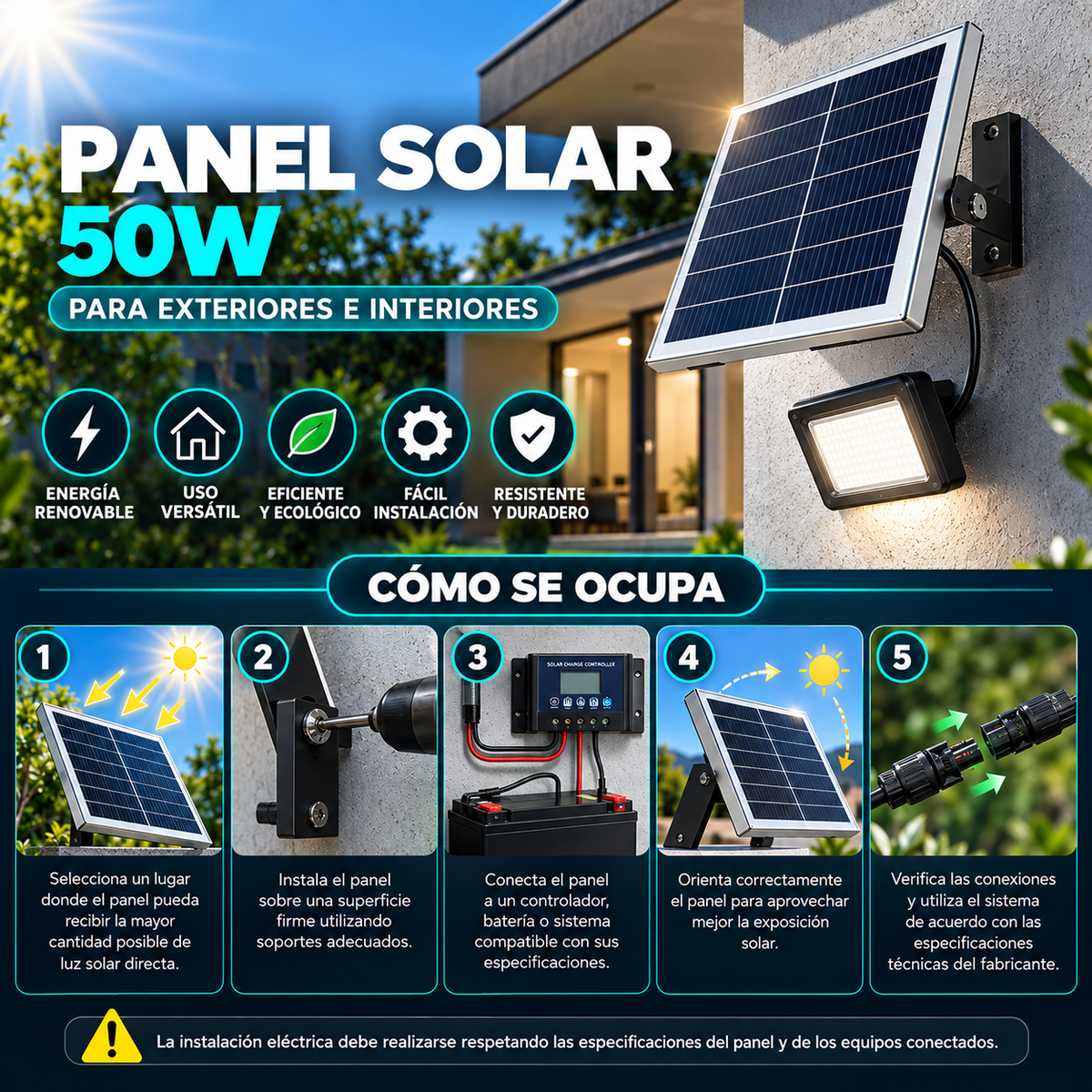Panel Solar 50W para Exteriores e Interiores