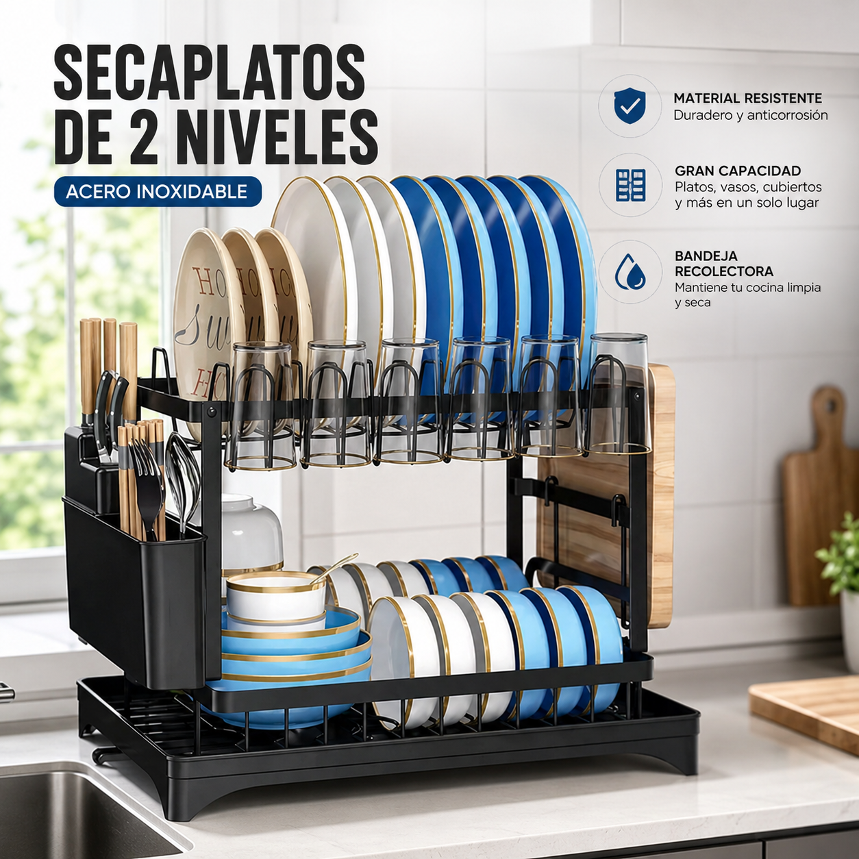 Secaplatos de Acero Inoxidable de 2 Niveles con Sistema de Drenaje Automático