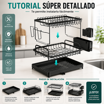 Secaplatos de Acero Inoxidable de 2 Niveles con Sistema de Drenaje Automático
