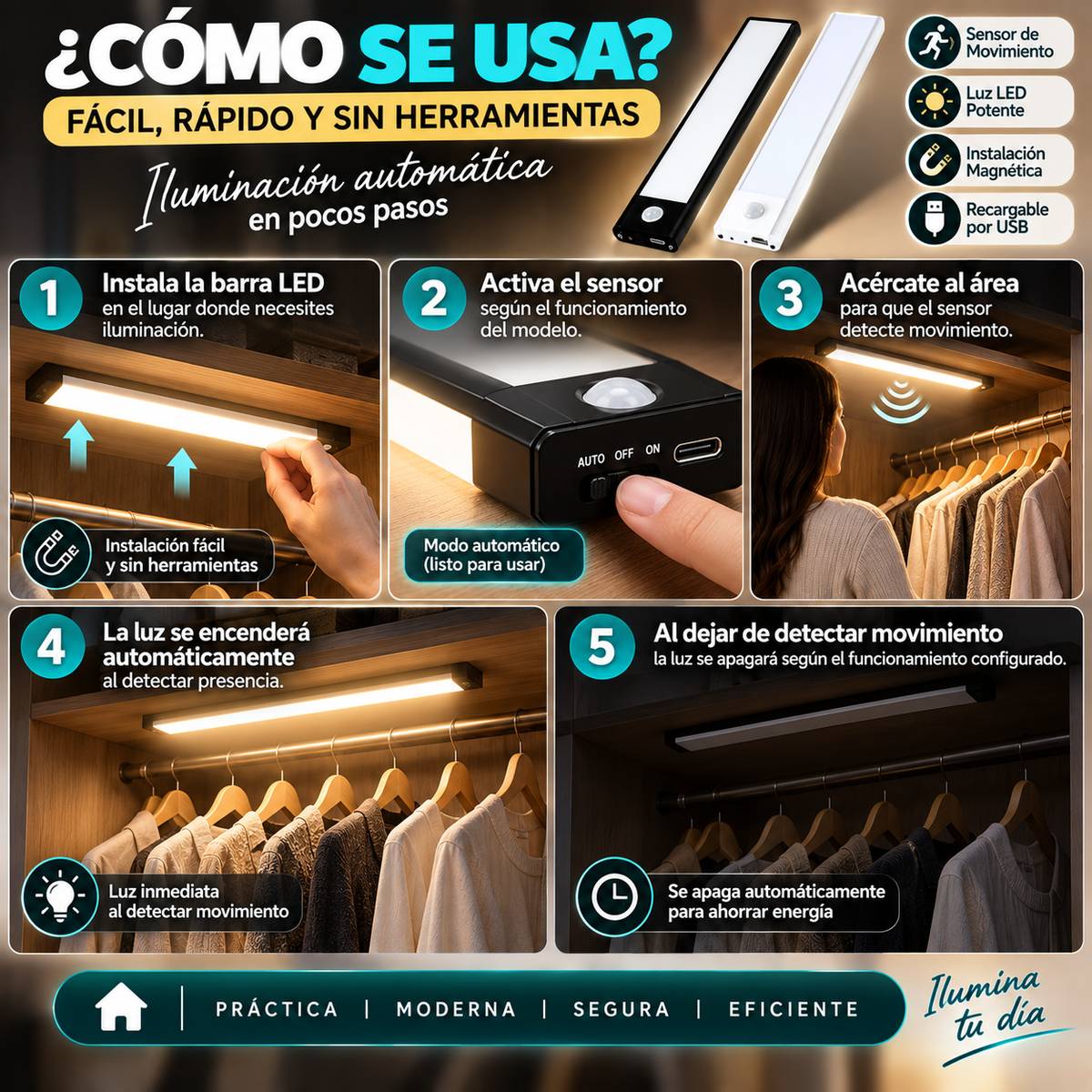 Luz LED Barra con Sensor de Movimiento 40 cm