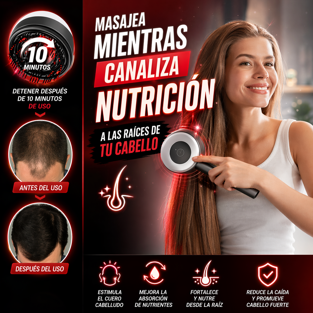 Cepillo Masajeador Cabello Terapia Luz + ENVÍO GRATIS 🚚
