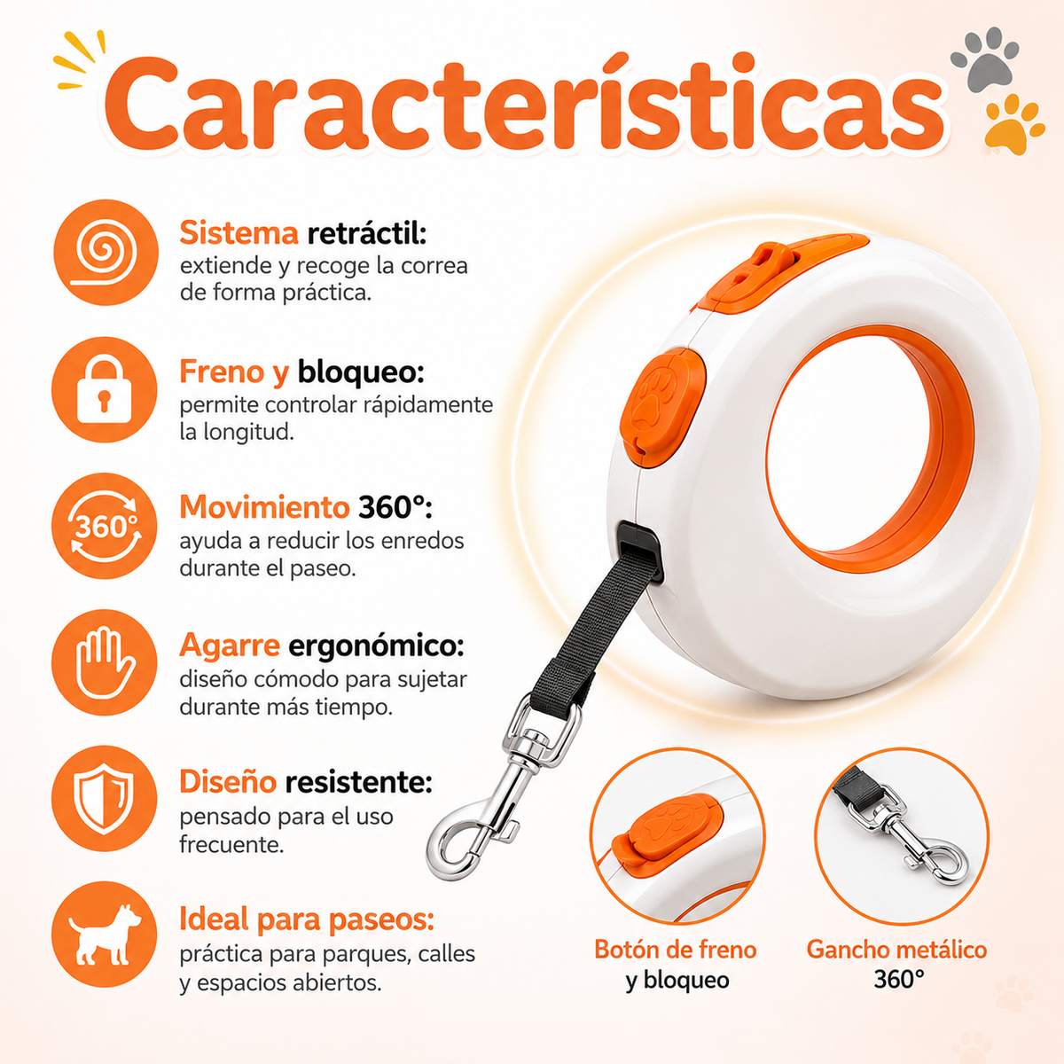 🐕 Correa Retráctil Mascotas Con Freno