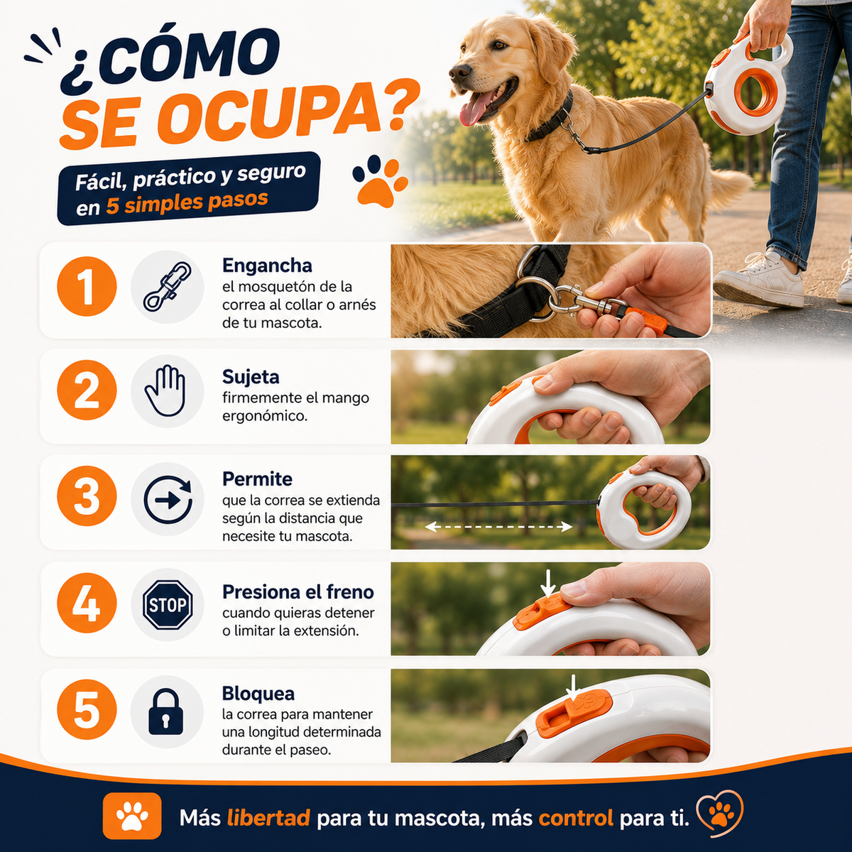 🐕 Correa Retráctil Mascotas Con Freno