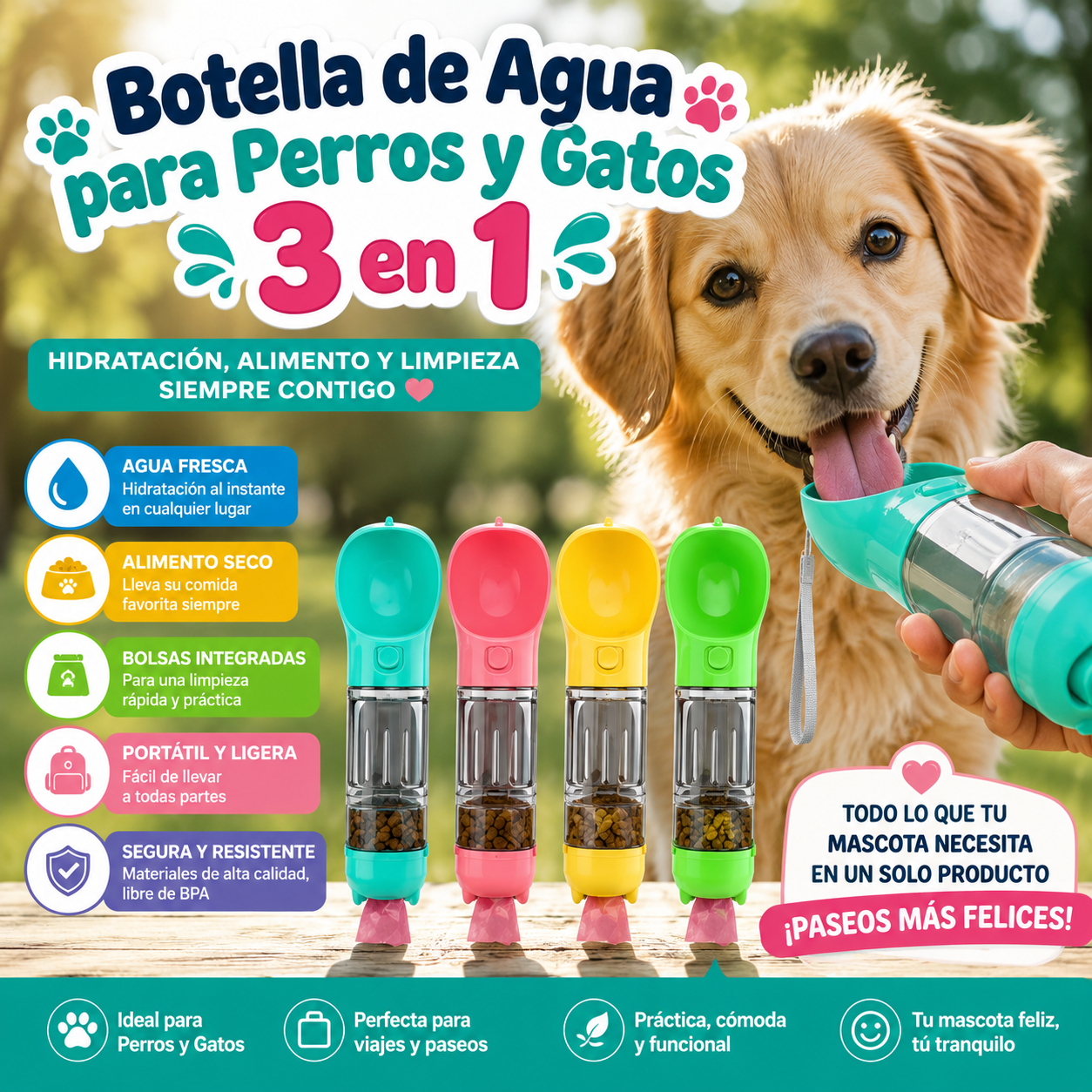 Botella de agua para perros y gatos 3 en 1