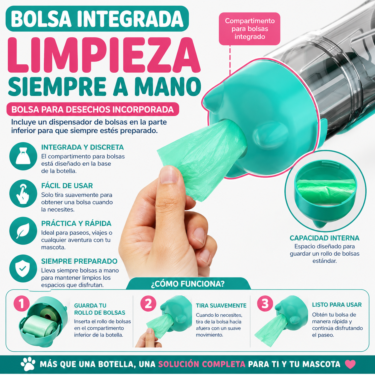 Botella de agua para perros y gatos 3 en 1