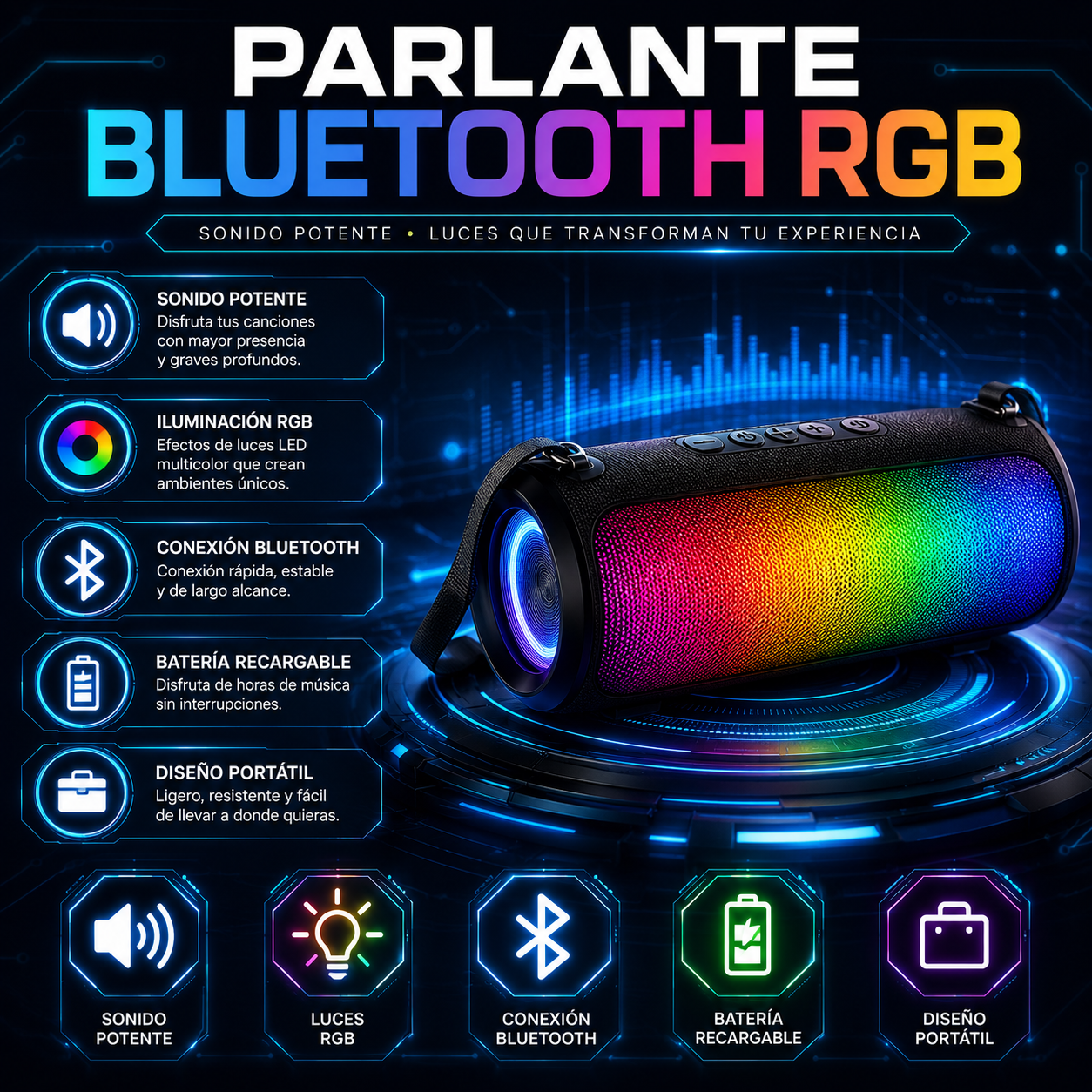 Parlante Bluetooth RGB Potente