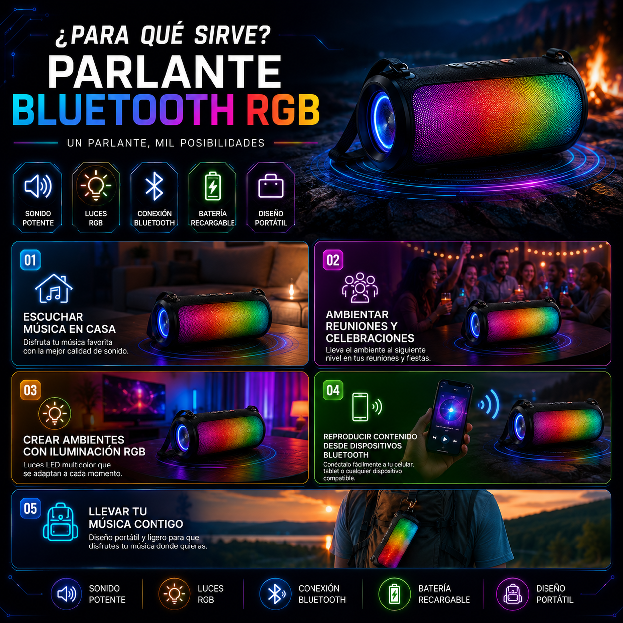 Parlante Bluetooth RGB Potente