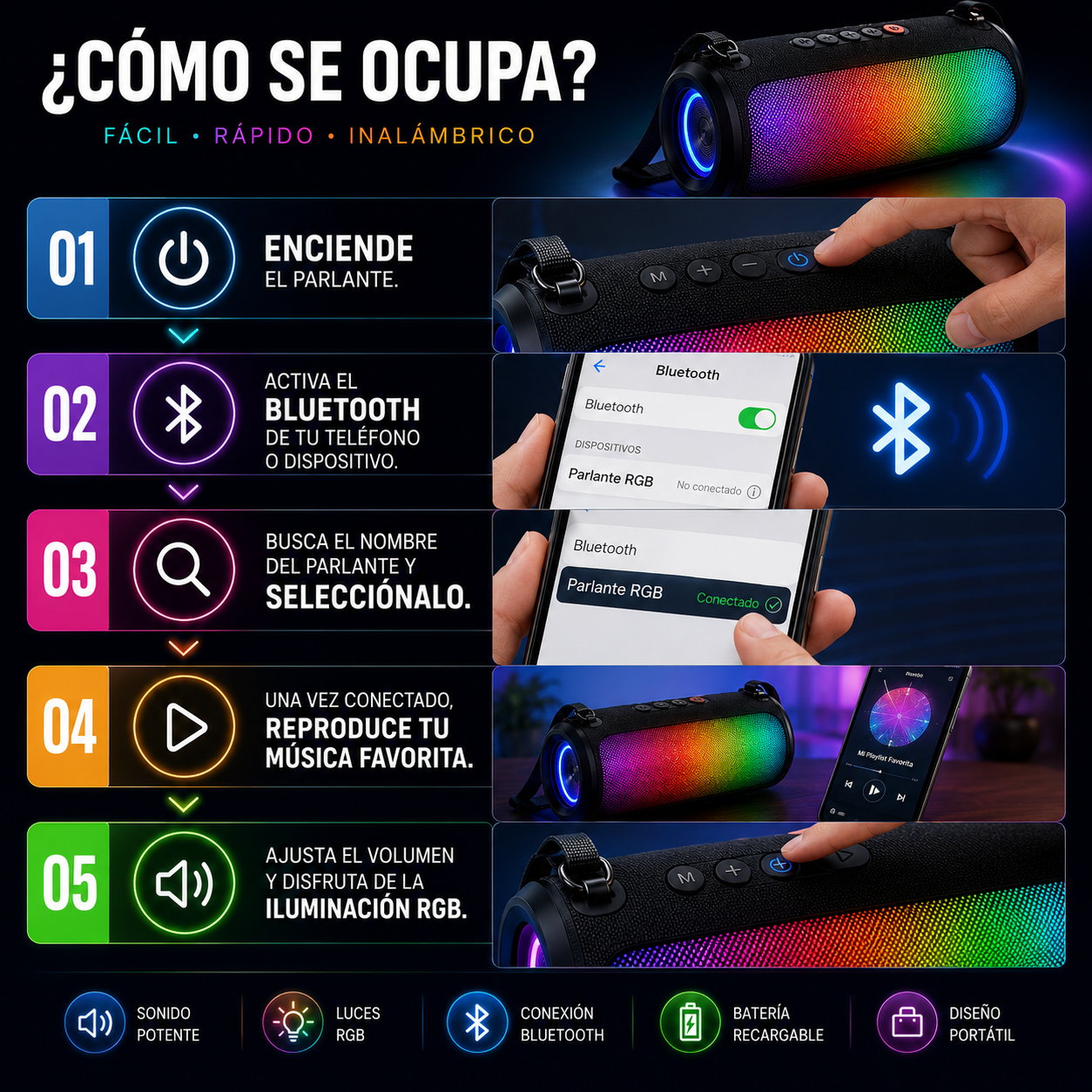 Parlante Bluetooth RGB Potente