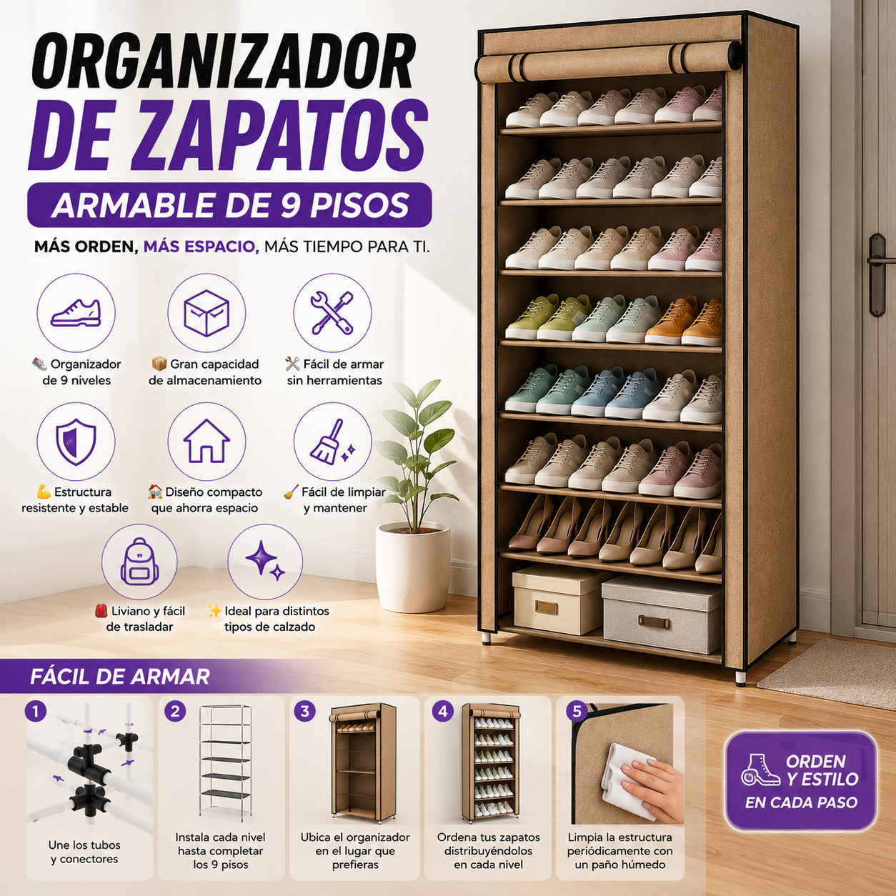 Zapatero Organizador de 9 Niveles de Gran Capacidad