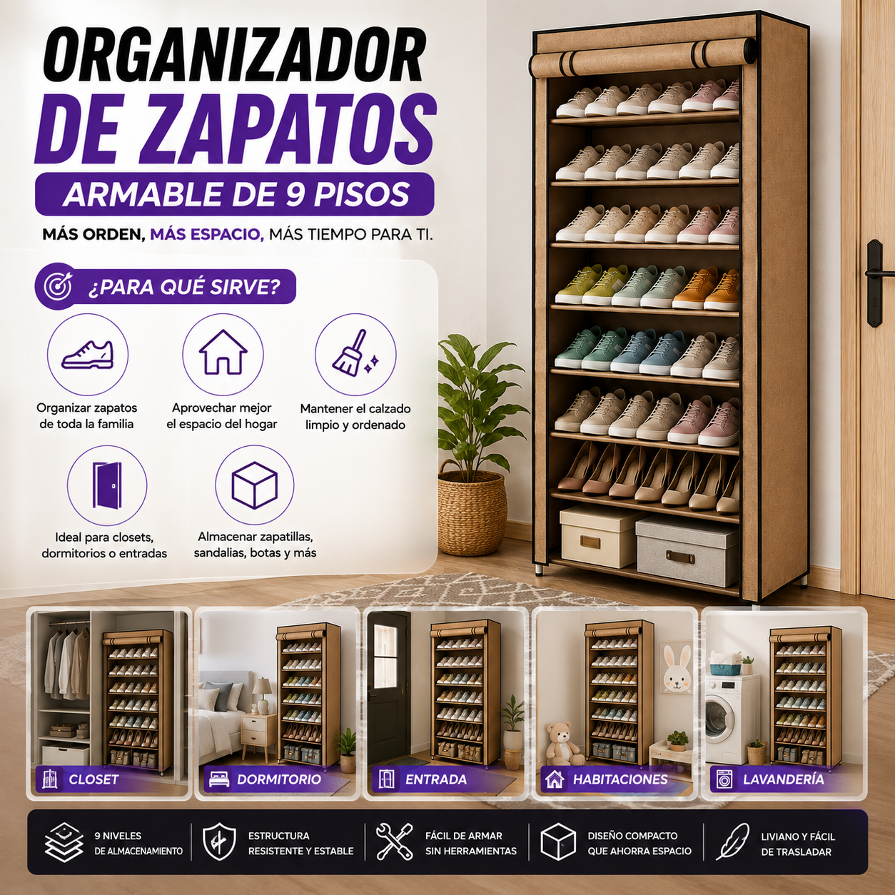 Zapatero Organizador de 9 Niveles de Gran Capacidad