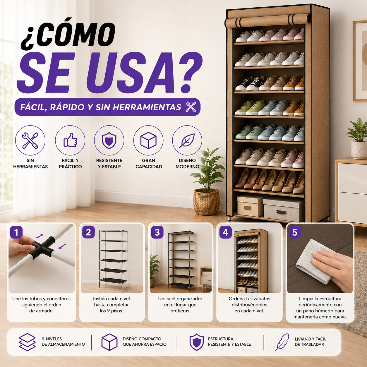 Zapatero Organizador de 9 Niveles de Gran Capacidad
