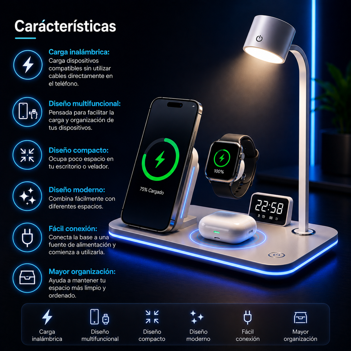 🔋 Base de Carga Inalámbrica Multifuncional