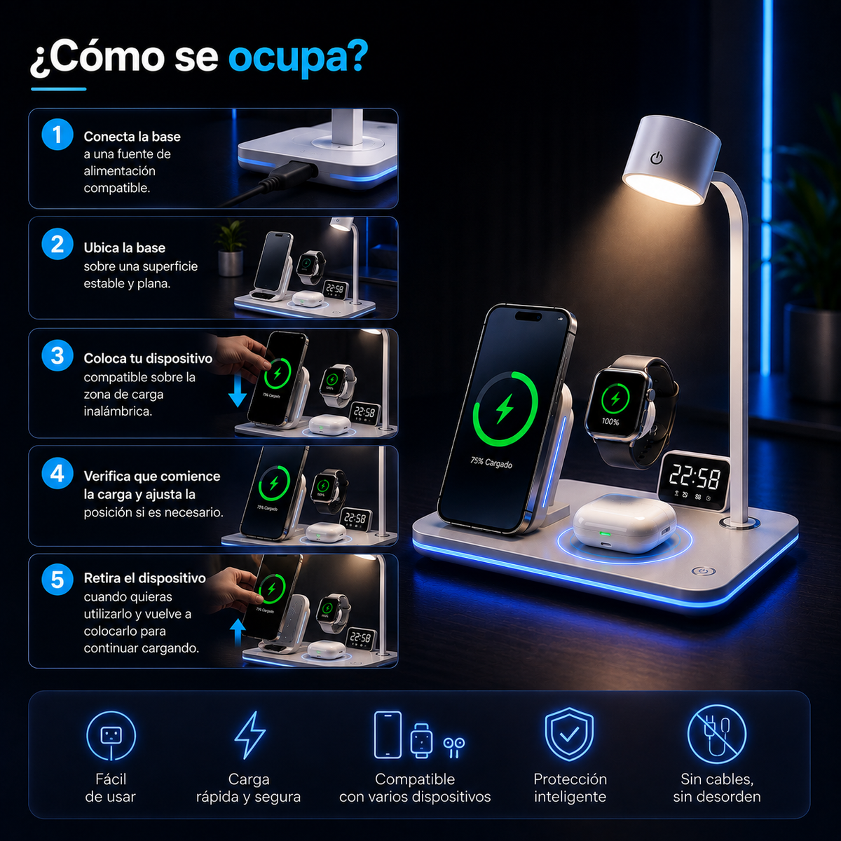 🔋 Base de Carga Inalámbrica Multifuncional
