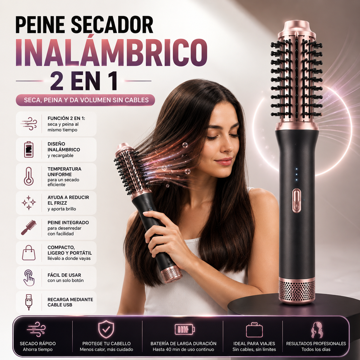 Peine Secador Inalámbrico 2 en 1