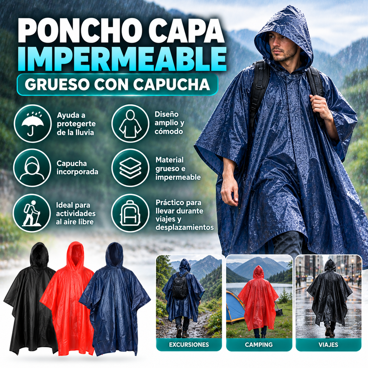 Poncho Capa Impermeable Grueso con Capucha