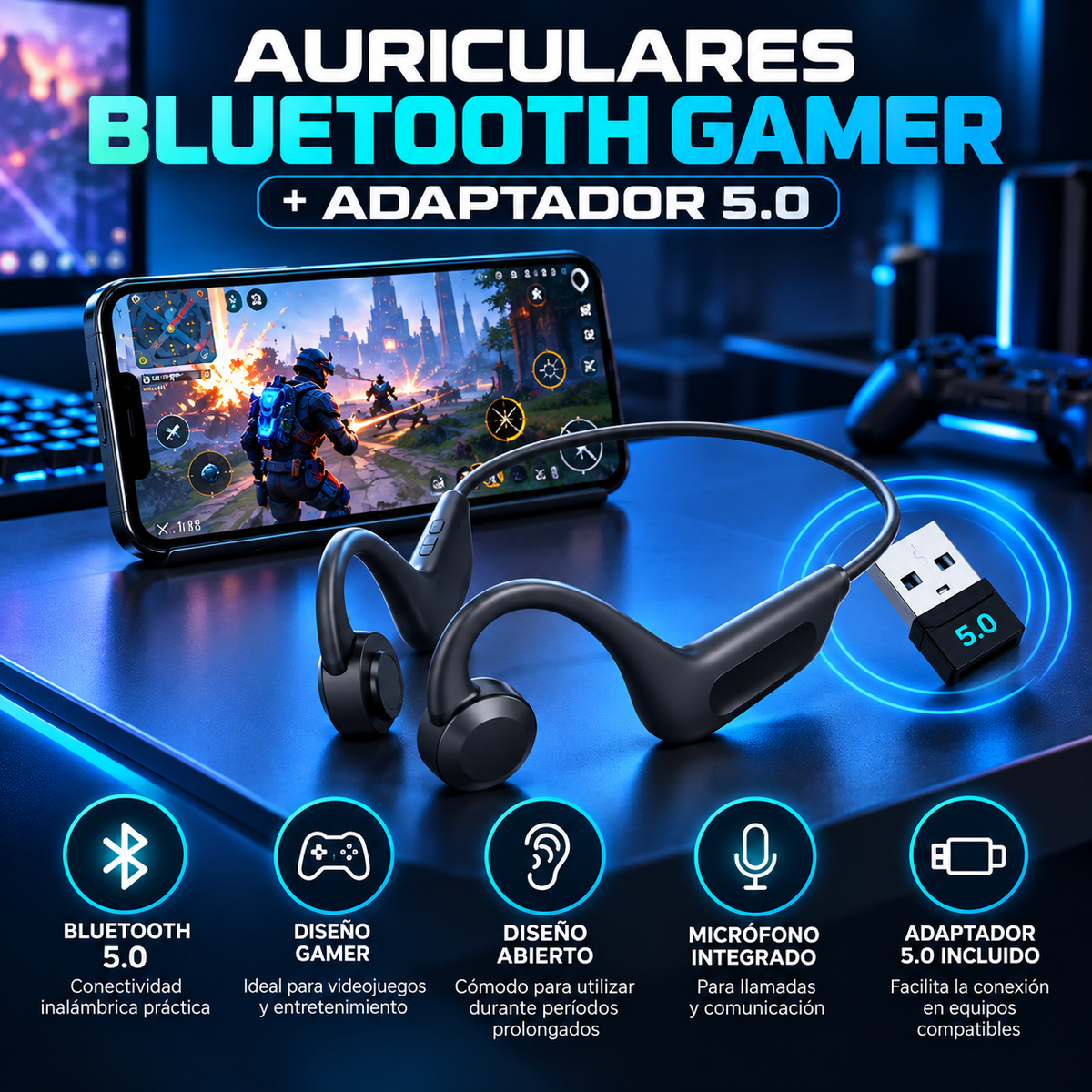 Auriculares Bluetooth Gamer + Adaptador 5.0