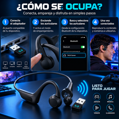 Auriculares Bluetooth Gamer + Adaptador 5.0